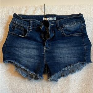 KanCan Dark Blue Frayed Hem Jean Shorts
